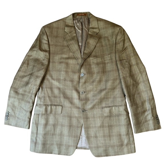 Michael Kors 42R Men Plaid Blazer Jacket Tan Brown‎ Single Breasted Wool Blend